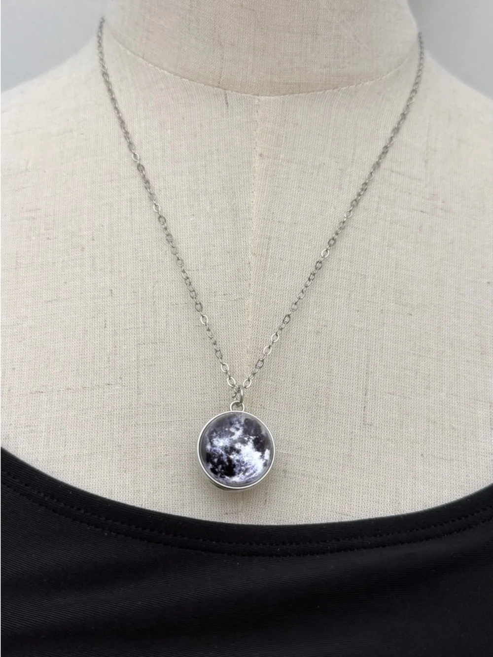 Moon & Saturn Necklace Silver Space Pendant Celestial Jewelry Round Charm